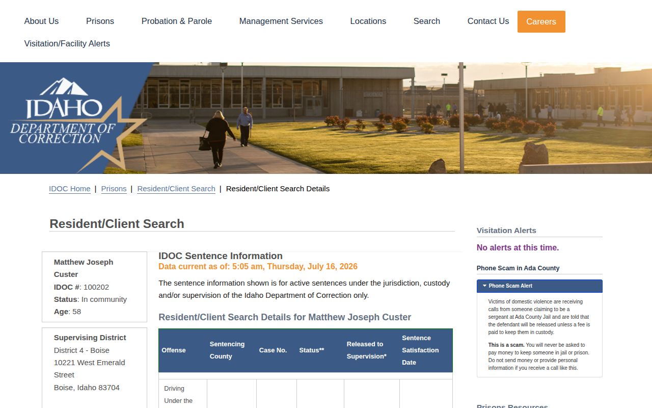 Custer County release date lookup IDOC detail fields