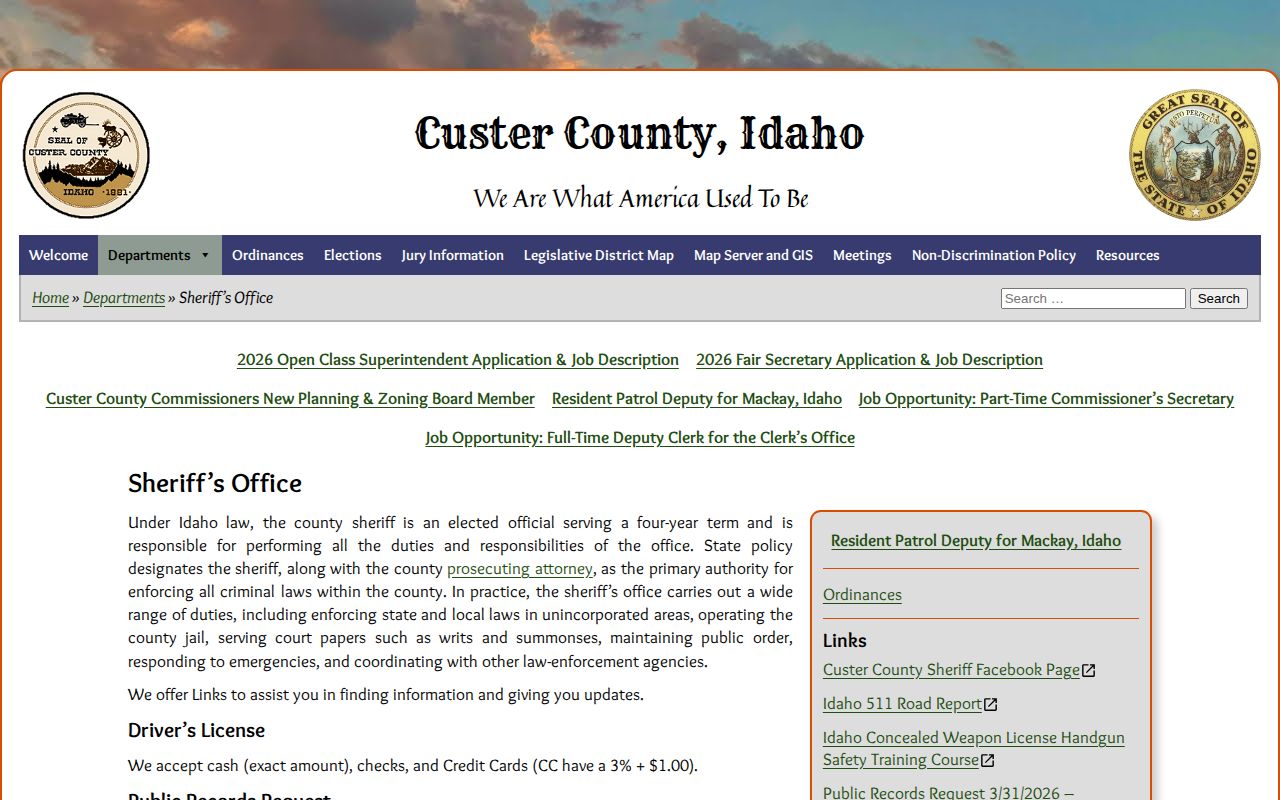 Custer County 24-hour release sheriff page